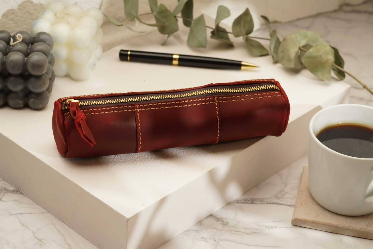 American Leather Goods - Leather Pencil Case, Make-up Brush Holder, Pen Holder: Green