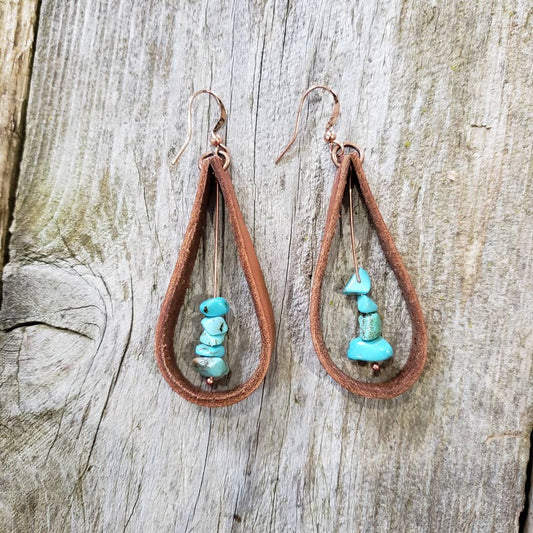Cocklebur Clothing Co. - "Rio" Handmade Leather and Turquoise Chip Earrings