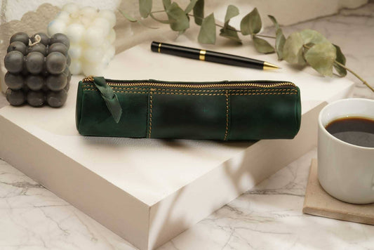 American Leather Goods - Leather Pencil Case, Make-up Brush Holder, Pen Holder: Green