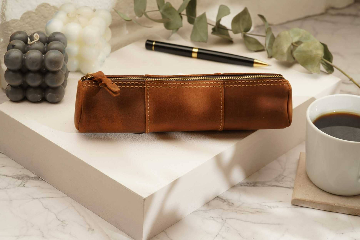 American Leather Goods - Leather Pencil Case, Make-up Brush Holder, Pen Holder: Green