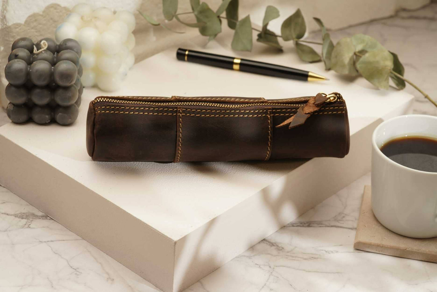 American Leather Goods - Leather Pencil Case, Make-up Brush Holder, Pen Holder: Green