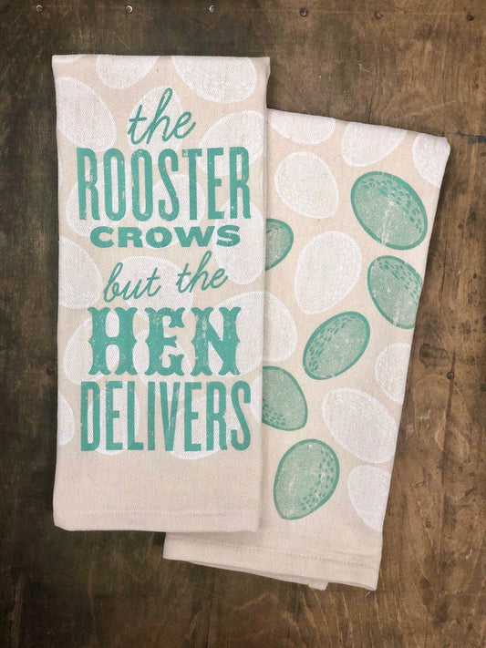 SOUTHERN FRIED DESIGN BARN - The Rooster Crows but the Hen Delivers - Kitchen Towel
