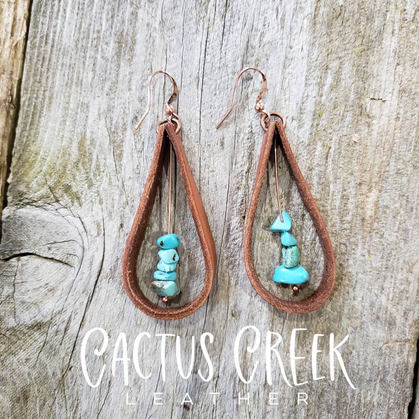 Cocklebur Clothing Co. - "Rio" Handmade Leather and Turquoise Chip Earrings