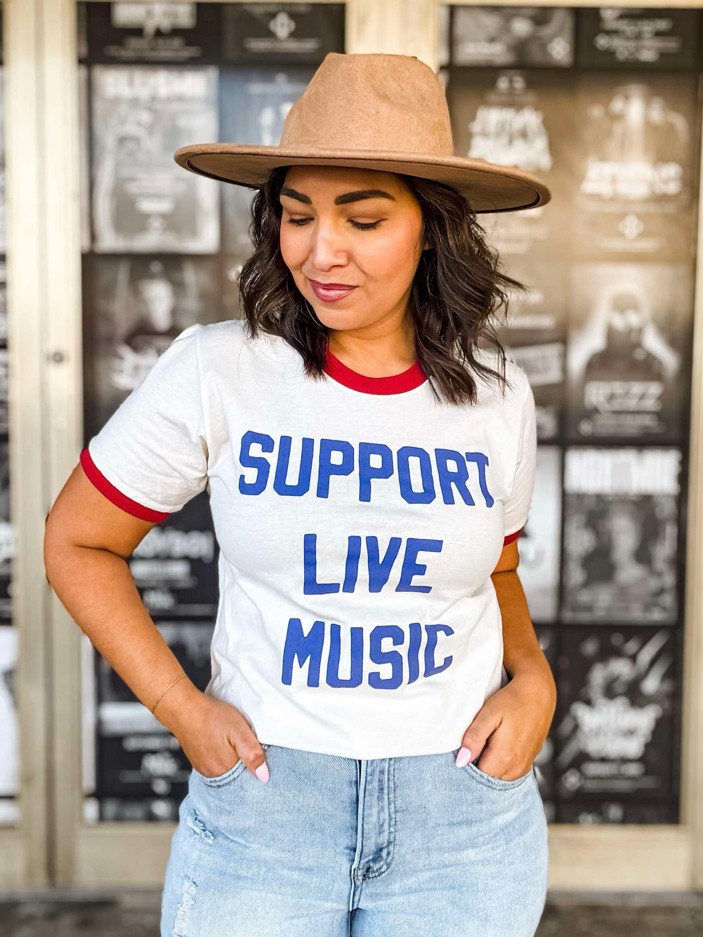 Mugsby - LG Support Live Music Vintage Ringer Shirt, Graphic Tee: Large