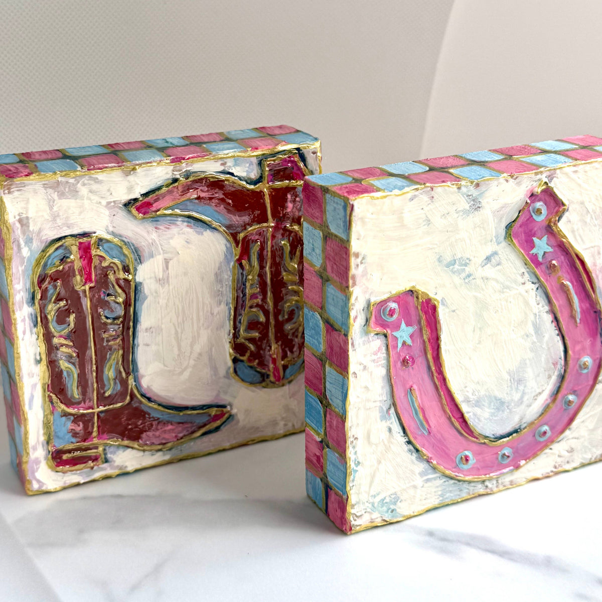 JCArtistStudioWholesale - Pastel Cowboy Boots Textured Handpainted Wood Block Art⁠