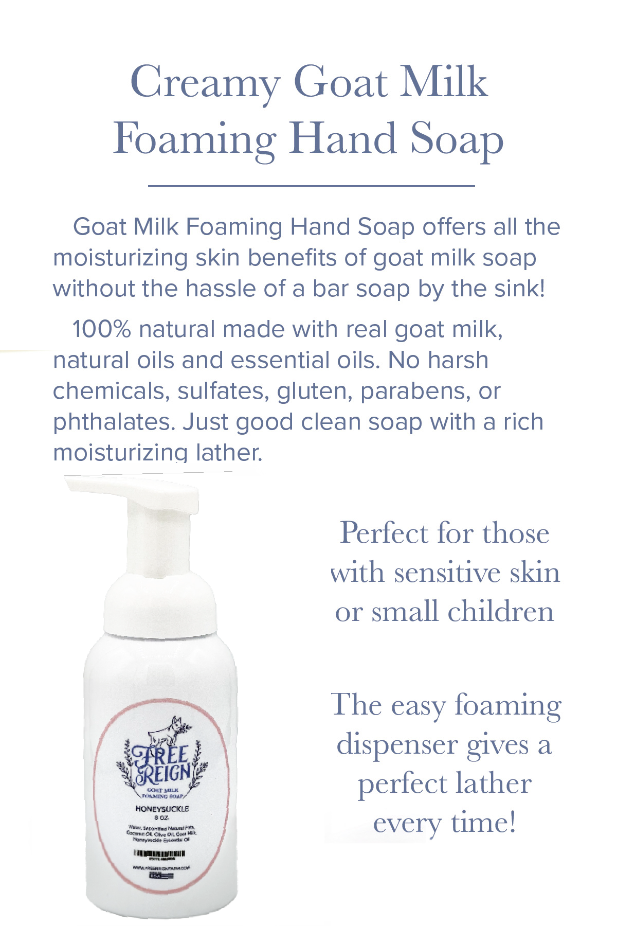 Free Reign Farm - Foaming Liquid Goat Milk Hand Soap. All Natural. New Look!: Honeysuckle