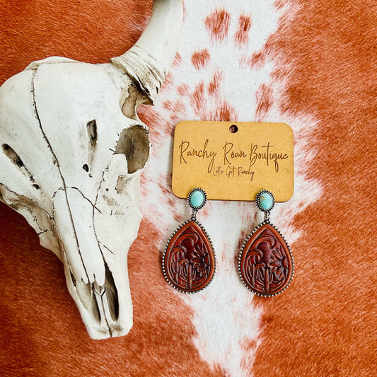 Ranchy Roan Boutique - Tooled Leather and Turquoise Teardrop Earrings