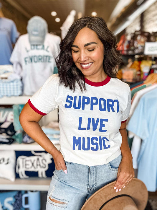 Mugsby - LG Support Live Music Vintage Ringer Shirt, Graphic Tee: Large