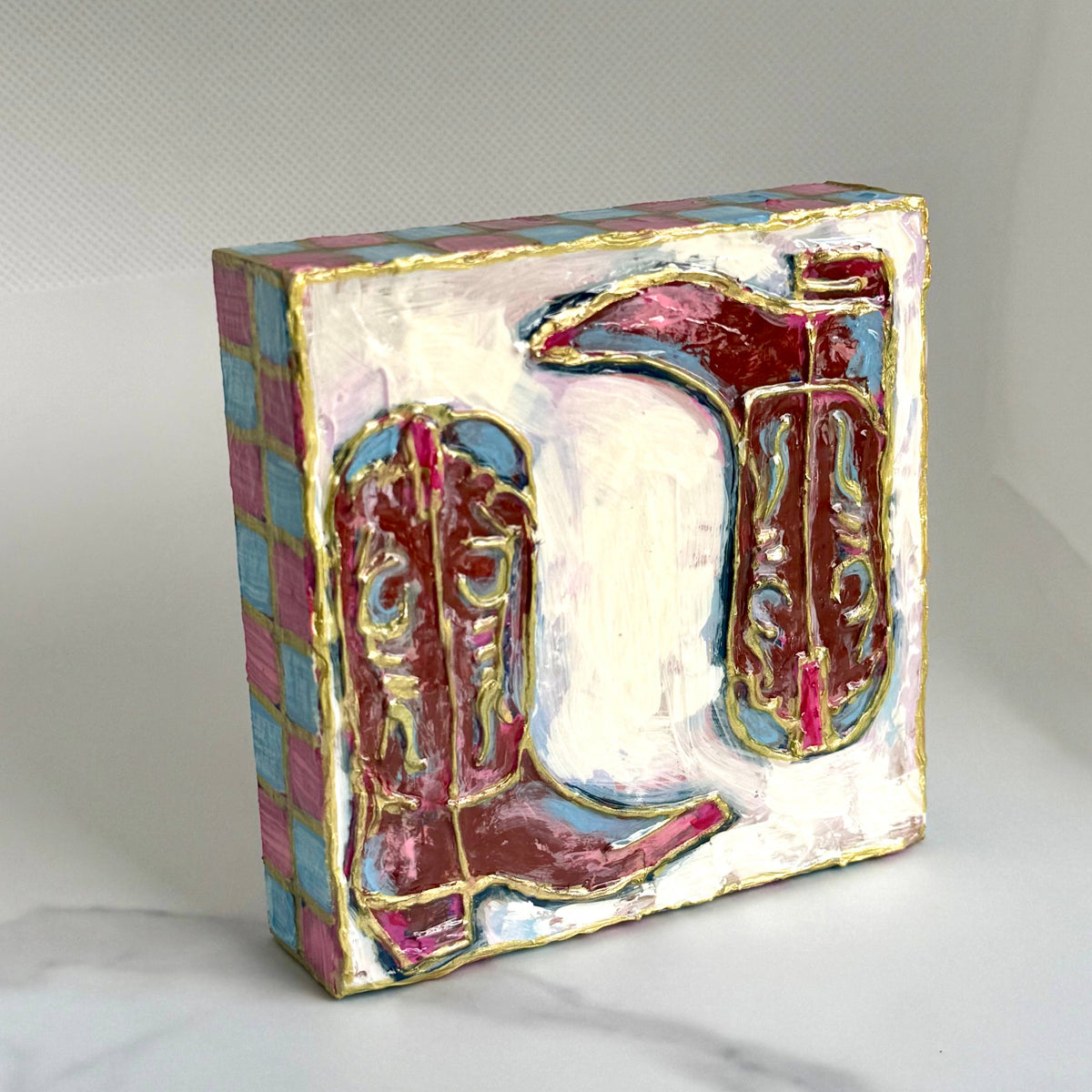 JCArtistStudioWholesale - Pastel Cowboy Boots Textured Handpainted Wood Block Art⁠