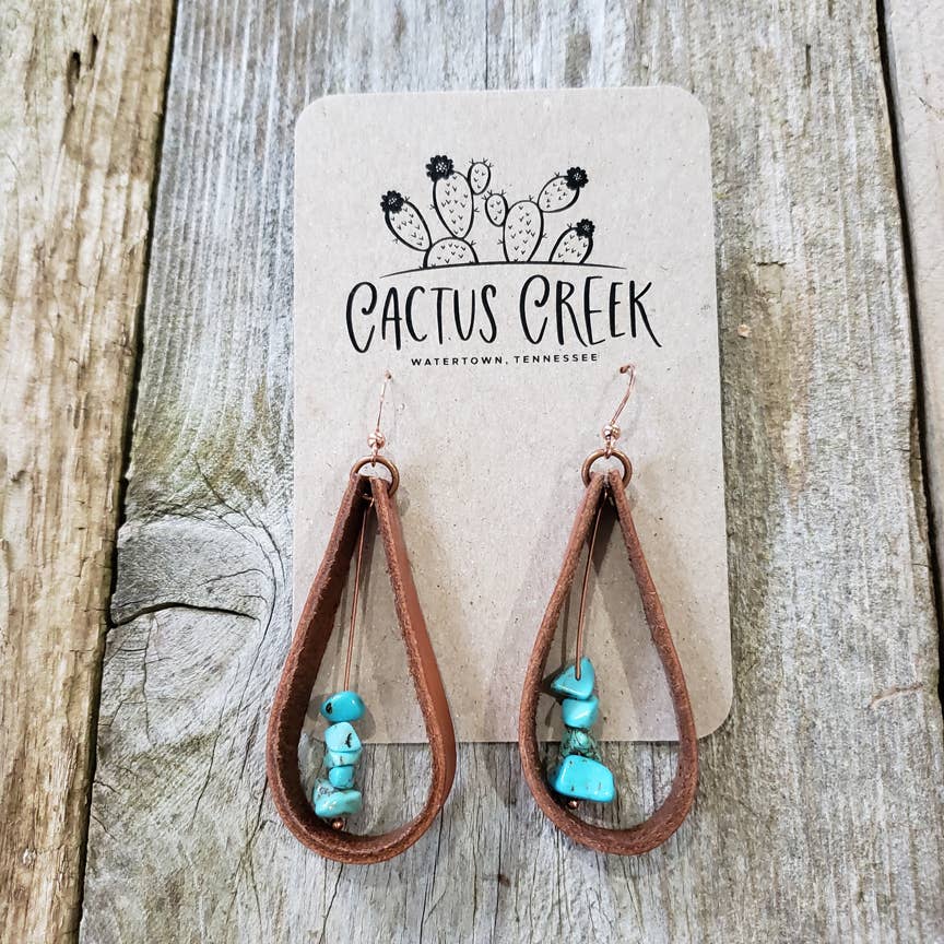 Cocklebur Clothing Co. - "Rio"  Handmade Leather and Turquoise Chip Earrings