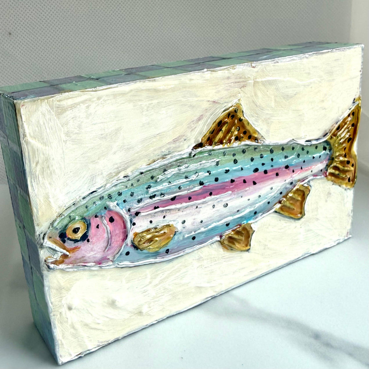 JCArtistStudioWholesale - Rainbow Trout Fish Textured Handpainted Art Block Pastel