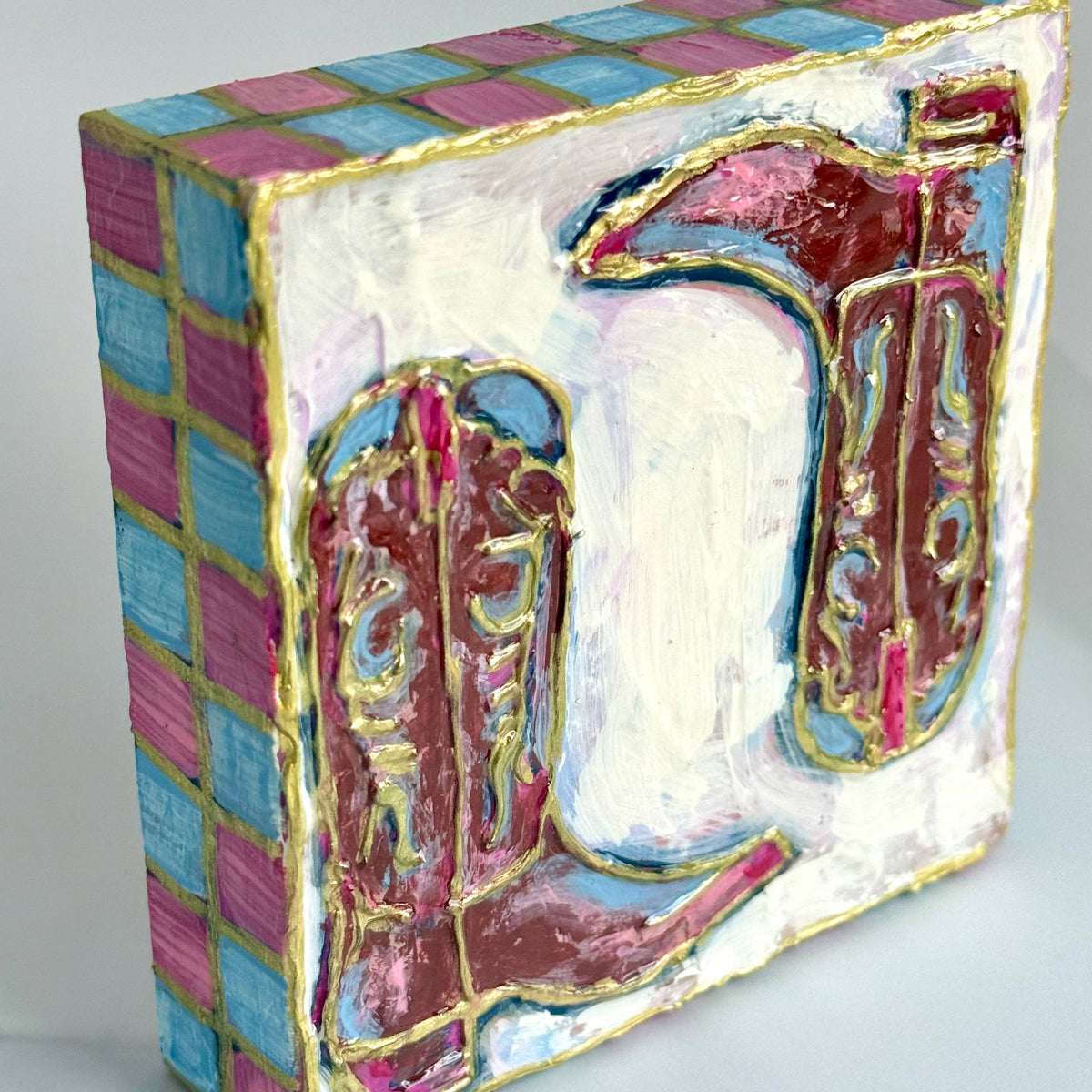 JCArtistStudioWholesale - Pastel Cowboy Boots Textured Handpainted Wood Block Art⁠