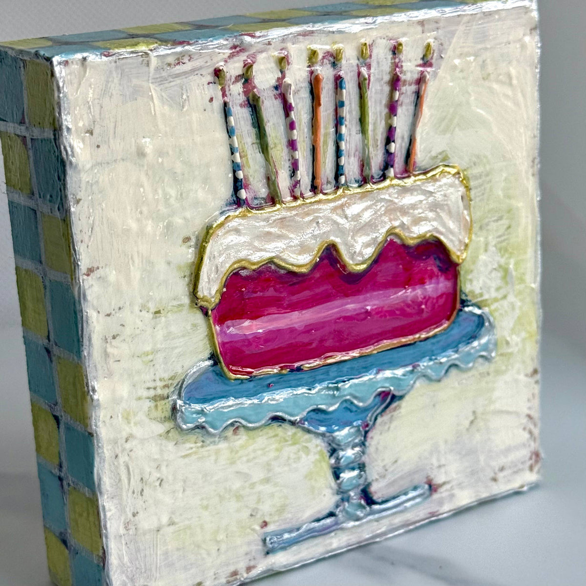 JCArtistStudioWholesale - Birthday Cake with Candles Handpainted Wood Block Art