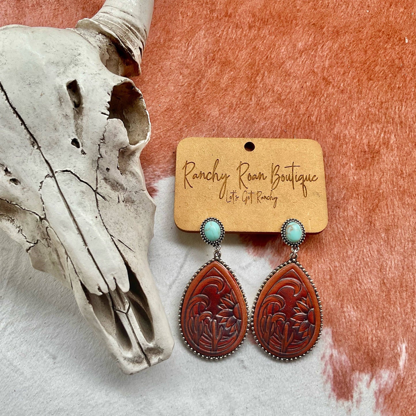 Ranchy Roan Boutique - Tooled Leather and Turquoise Teardrop Earrings