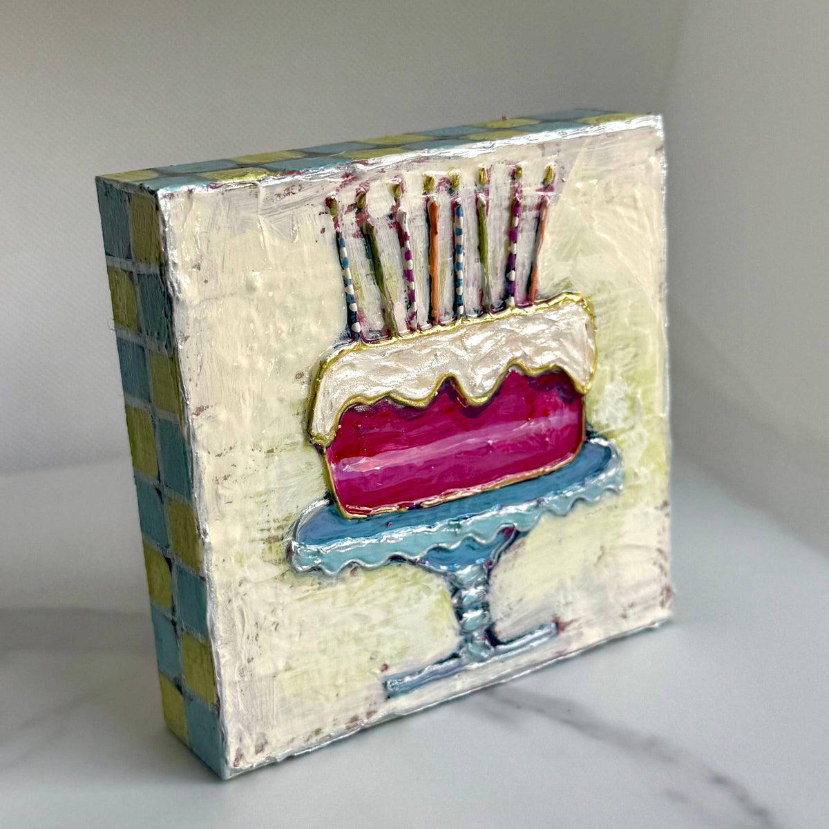 JCArtistStudioWholesale - Birthday Cake with Candles Handpainted Wood Block Art