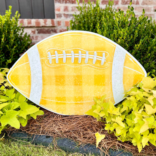 Songbird Grove Collection - Customizable Yellow Gingham Football Garden Stake